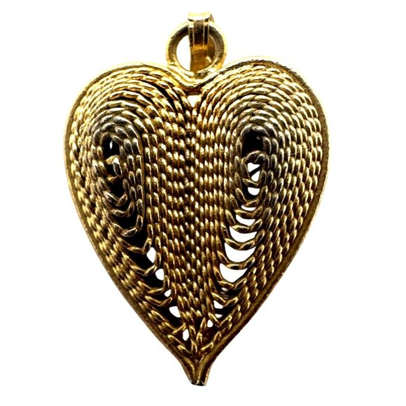 Gold Tone Puff Heart-Shaped Cannetille Pendant Charm Woven Filigree Accessory - Picture 1 of 8